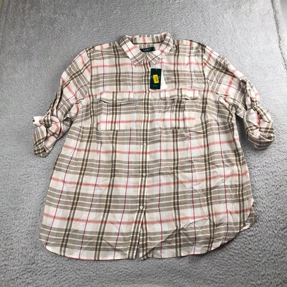 LRL Ralph Lauren Shirt Womens 3X Tan Plaid Button Down Roll Tab Cotton NEW NWT